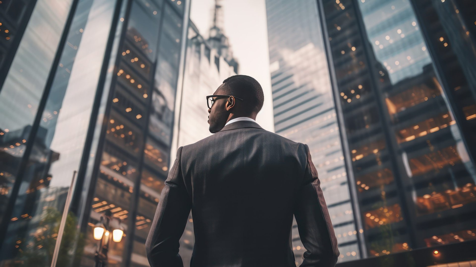 Back view of an African-American businessman in a formal suit against the backdrop of skyscrapers in the business district of the city. © Back view of an African-American businessman in a formal suit against the backdrop of skyscrapers in the business district of the city. Success and prosperity. Hard work in finance.