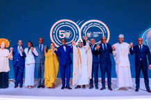 Lors des cinquante ans de la banque Badea, à Riyad le 19 mai 2024. Au centre, Akinwumi Adesina, Fahad Aldossari, Sidi Ould Tah, Serge Ekue. © AFDB