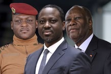 Le président de la transition burkinabè Ibrahim Traoré, l’ancien président de l’Assemblée nationale ivoirienne Guillaume Soro et le chef de l’État ivoirien, Alassane Ouattara. © MONTAGE JA : PRESIDENCE DU FASO ; LIONEL BONAVENTURE/AFP ; SIA KAMBOU/AFP