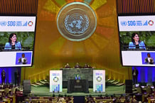 La présidente du Conseil économique et social de l’ONU, Paula Narváez, s’exprime lors du Sommet sur les objectifs de développement durable au siège de l’institution à New York, le 18 septembre 2023.