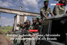 Des soldats du M23 quittent le camp de Rumangabo après la réunion entre les responsables de l’EACRF et les rebelles du M23, le 6 janvier 2023. © Photo de Guerchom Ndebo / AFP / Photomontage : JA