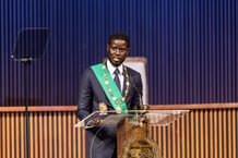 Bassirou Diomaye Faye prononce son premier discours en tant que président du Sénégal à Diamniadio, le 2 avril 2024. © JOHN WESSELS/AFP
