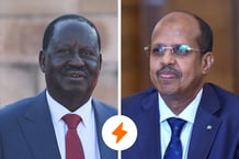 Raila Odinga et Mahamoud Ali Youssouf sont tous deux candidats à la succession de Moussa Faki Mahamat. Montage JA © PHILL MAGAKOE / POOL / AFP ; TASS/SIPA