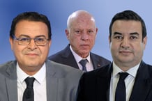 Les trois candidats à la présidentielle de 2024 : Zouhair Maghzaoui, secrétaire général du parti Echaâb, Kaïs Saïed, le président tunisien, et Ayachi Zammel, ancien député et homme d’affaires. © JA/DR