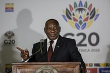 Le président sud-africain, Cyril Ramaphosa, lors d’une conférence de presse organisée dans le cadre de la réunion des ministres des Affaires étrangères du G20 à Johannesburg, le 20 février 2025. © EMMANUEL CROSET / AFP