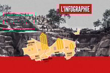 Des orpailleurs dans la mine d’or de Ndassima, à 40 km de Bambari, dans la zone contrôlée par la Seleka, dans la partie orientale de la RCA. © MONTAGE JA : THIERRY BRESILION/Anadolu Agency via AFP