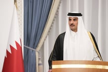 L’émir du Qatar, Tamim Ben Hamad Al Thani, lors d’une conférence de presse conjointe avec le président iranien, à Doha, le 2 octobre 2024. © Iranian Presidency/ZUMA-REA