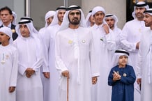 Le Premier ministre et vice-président des Émirats arabes unis Mohamed Rached al-Maktoum et le prince héritier de Dubaï Cheikh Hamdan ibn Mohamed ibn Rached al-Maktoum, à Dubaï, le 30 mars 2024 © Waleed Zein / Anadolu via AFP