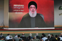 Allocution télévisée du leader du Hezbollah Hassan Nasrallah, dans une banlieue du sud de Beyrouth, le 3 novembre 2023. © Ahmad Al-Rubaye/AFP