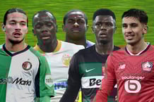 De g. à dr. : Anis Hadj Moussa, Cherif Ndiaye, Noah Sadiki, Ousmane Diomande et Osame Sahraoui. © MONTAGE JA : Marcel van Dorst/DeFodi/SIPA ; IPA/SIPA ; Shutterstock/SIPA ; Michael Zemanek/Shutterstock/SIPA ; CHRISTOPHE SAIDI/SIPA