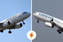 Avions des compagnies Air France et Corsair. © MONTAGE JA : Joan Valls/NurPhoto via AFP ;  URBANANDSPORT/NurPhoto via AFP