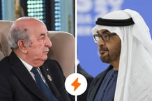 Une guerre froide oppose aujourd’hui les deux pays, dirigés par Abdelmadjid Tebboune et Cheikh Mohammed ben Zayed Al Nahyane. © MONTAGE JA ; Mohamed Hammi/SIPA ; Maxim Shemetov/AP/SIPA