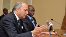 Laurent Fabius en conférence de presse à Dakar avec son homologue sénégalais Alioune Badara Ciss © Seyllou/AFP