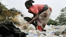 Recyclage des sacs plastiques dans la banlieue d’Abidjan, septembre 2013. © Issouf Sanogo/AFP