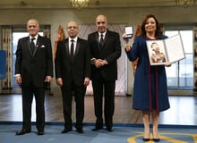 Membres du Quartet tunisien, gagnant du prix Nobel de la paix 2015, le 10 décembre à Oslo. © Cornelius Poppe/AP/SIPA