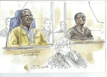 Un croquis d’audience montre Tito Barahira (à gauche) et Octavien Ngenzi devant le tribunal à Paris le 10 mai 2016. © AFP