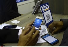 La solution de paiement mobile de Visa, ici lors du Mobile World Congress à Barcelone le 4 mars 2015. © Manu Fernandez/AP/SIPA