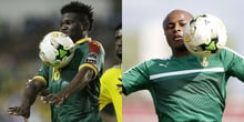 Le Camerounais Robert Ndip Tambe et le Ghanéen Andre Ayew, à la CAN 2017 au Gabon. © AP/SIPA/montage JA