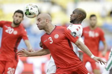 Le joueur tunisien Aymen Abdennour lors d’un match contre le Burkina Faso pendant la CAN 2017. © Sunday Alamba/AP/SIPA