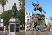 À gauche, la statue du général Louis Faidherbe à Saint-Louis, au Sénégal et à droite sa statue à Lille, en France. © Wikimedia Commons