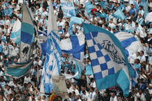 Dans les tribunes de l’OM lors du match face à Madrid, le 16 mai 2018 à Lyon. © Christophe Ena/AP/SIPA