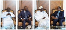 De g. à dr. : Idrissa Seck, Ousmane Sonko, Khalifa Sall et Macky Sall, au palais de la République, le 24 mars 2020. © Papa Matar Diop/Présidence Sénégal