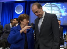 La directrice du FMI, Kristalina Georgieva, et le président de la Banque Mondiale, David Malpass. Les institutions financières multilatérales sont de loin les premiers créanciers des pays africains. © Jose Luis Magana/AP/SIPA