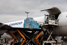 Des employés chargent un conteneur pharmaceutique sur un avion cargo d’Air France à l’aéroport de Roissy, le 25 novembre 2020. © Thomas COEX / AFP