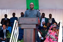 Macky Sall lors de la cérémonie d’achèvement des travaux de la station TER à l’aéroport international Blaise-Diagne de Dakar, le 8 juillet 2023. © Fatma Esma Arslan / ANADOLU AGENCY / Anadolu Agency via AFP.