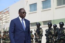 Macky Sall, le 3 août 2023 lors de l’inauguration du navire OPV 58S ‘Walo’. © Photo by SEYLLOU / AFP