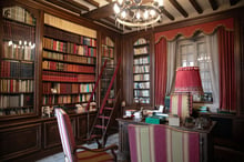 La bibliothèque du bureau du premier président sénégalais, Léopold Sédar Senghor, dans sa maison de Verson, en France, dans le Calvados, en septembre 2022. © Lou Benoist / AFP