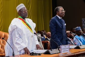 Cavaye Yeguie Djibril (à g.), président de l’Assemblée nationale, le 6 mars 2018. © Jean-Pierre Kepseu/PANAPRESS/MAXPPP.