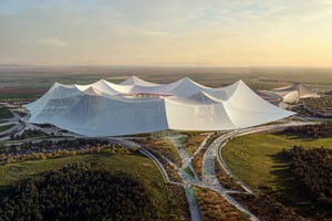 Le design du futur « plus grand stade de football du monde », qui accueillera la finale de la Coupe du monde 2030, à Casablanca. © Oualalou+Choi and Populous / Cover Images / SIPA
