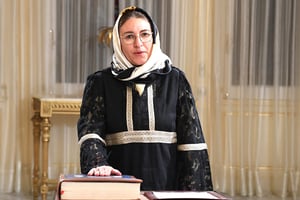 La magistrate et désormais ministre Michket Slama Khaldi, dont la prestation de serment a eu lieu au palais présidentiel de Carthage, à Tunis, le 5 février 2025. © Mohamed Hammi/SIPA
