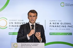 Le président français, Emmanuel Macron, lors du Sommet pour un nouveau pacte financier mondial, en juin 2023, à Paris. © Balkis Press-POOL/SIPA.