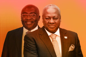 Mahamudu Bawumia (g.), candidat du parti au pouvoir, et John Dramani Mahama (dr.), ex-président, qui se représente en 2024. © MONTAGE JA : UN Photo/Eskinder Debebe . Koichi Nakamura/AP/SIPA
