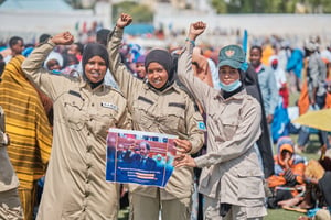 Manifestation de soutien au gouvernement somalien à la suite  de l’accord portuaire signé entre l’Éthiopie et la région sécessionniste du Somaliland, au stade Eng-Yariisow, à Mogadiscio, le 3 janvier 2024. © ABDISHUKRI HAYBE / AFP