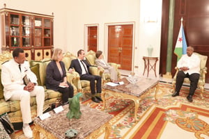 Les ministres français Catherine Colonna et Sébastien Lecornu, lors de leur entretien avec le président Ismaïl Omar Guelleh, le 14 décembre à Djibouti. © Twitter Ambassade de France Djibouti