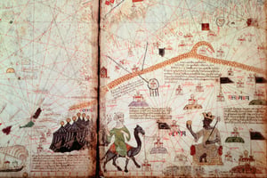 Le détroit de Gibraltar. À dr., le roi du Mali Kanga Moussa. Détail de l’Atlas catalan (XIVe siècle). © Bibliotheque Nationale, Paris, France