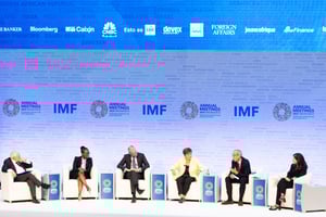 Débat sur l’économie mondiale organisé dans le cadre de l’assemblée annuelle 2024 du FMI et de la Banque mondiale, le 23 octobre. © IMF