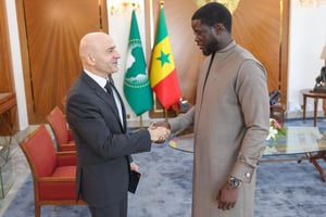 Bassirou Diomaye Faye et Edward Gemayel, le chef de mission pour le Sénégal du FMI à Dakar, le 25 mars 2025. © Présidence du Sénégal