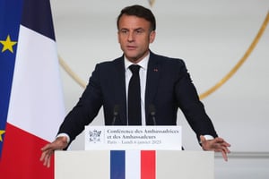 Emmanuel Macron s’adresse aux ambassadeurs français, le 6 janvier 2025, au palais de l’Élysée, à Paris. © Aurelien Morissard / POOL / AFP