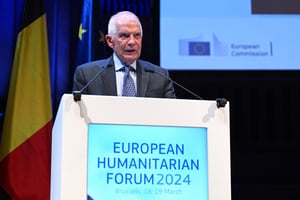 Josep Borrell, le haut représentant de l’Union européenne pour les affaires étrangères et la politique de sécurité, lors de la 3e édition du Forum humanitaire européen, à Bruxelles, le 18 mars 2024. © Dursun Aydemir / ANADOLU / Anadolu via AFP