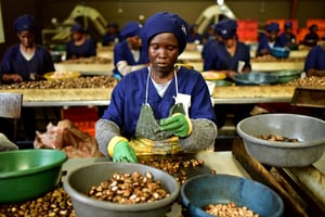 Dans une usine de transformation de noix de cajou à Bouaké, le 24 mai 2018. © ISSOUF SANOGO / AFP