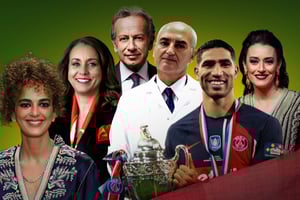 De gauche à droite : Leïla Slimani, Ilham Kadri, Michael Zaoui, Moncef Slaoui, Achraf Hakimi et Nabila Kilani. © Anthony Harvey / Shutterstock / SIPA, Fred Merz / Lundi13, DR, Patrick Allard / REA,  Ibrahim Ezzat / NurPhoto via AFP, Tom Nicholson / Shutterstock / SIPA. Montage JA.