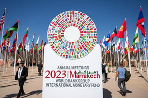 Lors des réunions annuelles du FMI et de la Banque mondiale, à Marrakech, le 12 octobre 2023. © CHRISTOPHE GATEAU/dpa/AFP