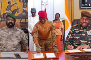 Captures d’écrans du compte X (ex-Twitter) de la présidence du Niger montrant Goïta, Traoré et Tiani signant le Charte de « l’Alliance des Etats du Sahel ». © DR