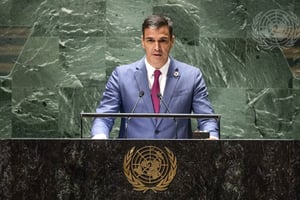 Le Premier ministre espagnol, Pedro Sánchez, à la tribune des Nations unies. © Cia Pak/UN Photo