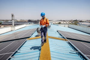 Un technicien de CP Solar pendant l’installation de panneaux solaires dans une usine de la zone industrielle de Nairobi, le 9 octobre 2023. © LUIS TATO/AFP