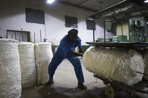 Un ouvrier manipule des bobines de coton, dans l’usine de la Compagnie malienne de textile (Comatex) de Ségou, le 12 décembre 2018. © MICHELE CATTANI/AFP